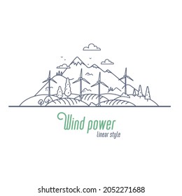 Wind power concept thin line vector illustration. Windmill energy as an alternative electricity resource. Outline style vector illustration on white background.