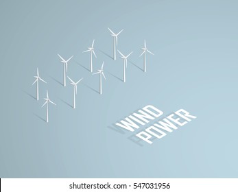 Wind power concept vector illustration with 3d vector turbines in offshore farm. Eps10 vector illustration.