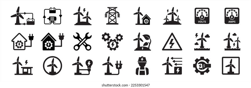 Juego de iconos de la energía eólica. Iconos relacionados con la alimentación. Iconos vectoriales de energía verde. Signo del generador de energía de turbinas eólicas renovables. La ilustración del material del vector contiene el símbolo de la llave inglesa, el engranaje, la torre