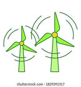 Wind power energy concept two propeller rotate white isolated background with green theme flat outline style