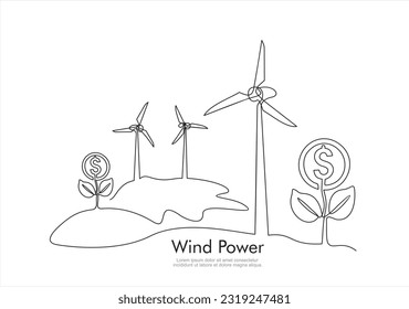 Windenergie. Windenergie in kontinuierlicher Kunstzeichnung.  Windturbinen, die Strom erzeugen. Erneuerbare Energiequelle. Schwarzes lineares Design einzeln auf weißem Hintergrund