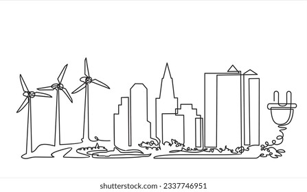 Windenergie. Windenergie in kontinuierlicher Kunstzeichnung.  Windturbinen, die Strom erzeugen. Erneuerbare Energiequelle. Schwarzes lineares Design einzeln auf weißem Hintergrund