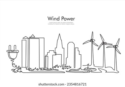 Windenergie. Windenergie in kontinuierlicher Kunstzeichnung.  Windturbinen, die Strom erzeugen. Erneuerbare Energiequelle. Schwarzes lineares Design einzeln auf weißem Hintergrund