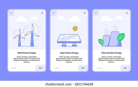 Wind power energy solar power energy clean nuclear energy onboarding for mobile app template ui web with flat outline stylepower