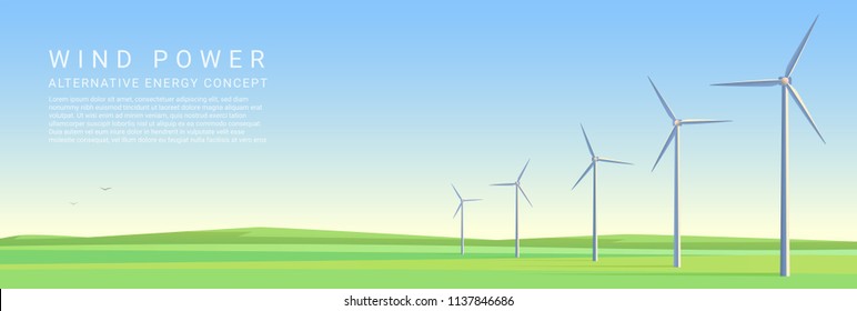 Wind power energy turbines on a green meadow vector concept header poster.