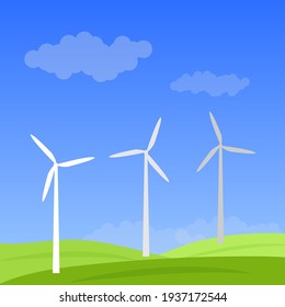 Wind power energy turbines on a green meadow. Vector illustration