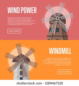 Wind power flyers with old windmills. Organic agricultural farming and flour production, ecological food manufacturing, natural farming. Medieval european travel attraction vector illustration.