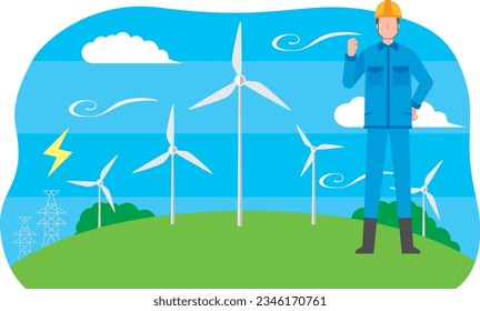 Generación de energía eólica y trabajadores masculinos
