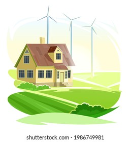 Wind power generator. Country house. Cartoon flat style. Isolated background. An environmentally friendly source of renewable energy. Turbine with blades. Village. In the meadow. Sun and sky. Vector.
