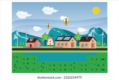Wind power generator. Suburb of the village. Cartoon flat style. An environmentally friendly source of renewable energy
