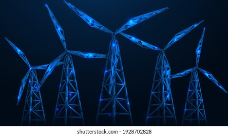 Wind power generator. A tower with a turbine. Polygonal construction of concatenated lines and points. Blue background.