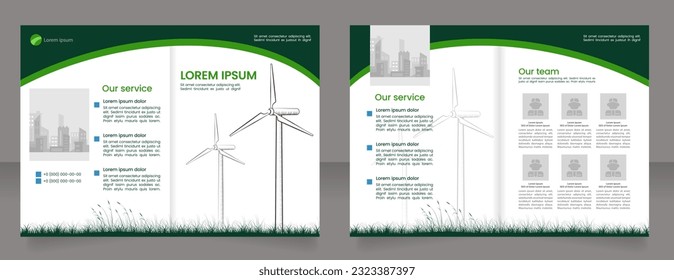 Wind power generators bifold brochure template design. Sustainable energy plant. Half fold booklet mockup set with copy space for text. Editable 2 paper page leaflets. Poppins font used