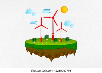 Wind power generators electricity conveys environmental conservation, Air island with turbine renewable energy paper art style, Ecology and Sustainable of ecosystem go green and Save the planet day.