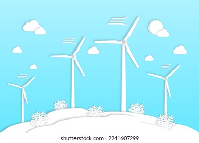 Wind power generators electricity conveys environmental conservation, Renewable energy paper art minimal style, Ecology and Sustainable of ecosystem go green and Save the planet day or Eco friendly.