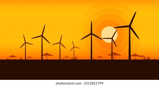 Wind power generators electricity industrial conveys environmental conservation, Renewable energy, Windmill farm or Turbine silhouette on sunset background, Sustainable of Ecology, Eco friendly.