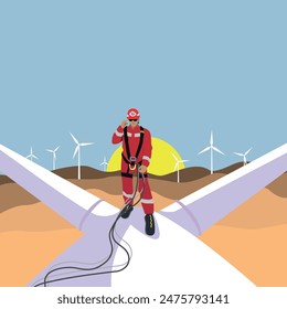 Wind power generators and people. Repair and construction of wind turbines by rope access.