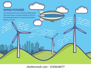 Wind power. Green energy concept background with wind turbine. Flat style vector illustration.