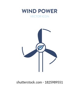 Wind power icon. Vector illustration of a three-blade wind turbine with a leaf eco symbol. Represents concept of wind power generation, eco-friendly technology, wind energy, renewable energy source