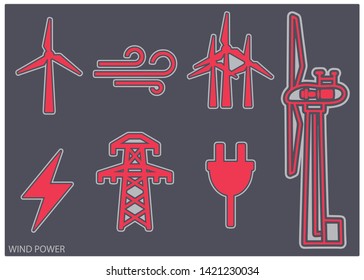 Wind power icons infographic set with wind wheel, electric pylon, electricity symbol and utility pole