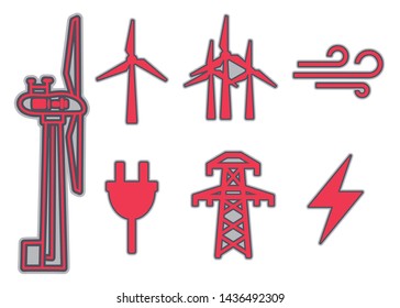 Wind power icons infographic set with wind wheel, electric pylon, electricity symbol and utility pole