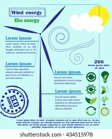 Wind power info graphic.
info graphics wind force with icons on a blue background with a windmill