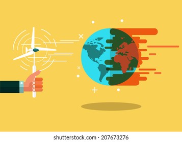 Wind Power make the Earth Is Cooling. green concept. flat design. vector illustration