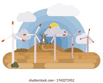 wind power and mill on the horizon. multicolored flat style