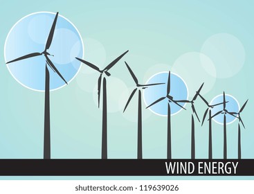 Wind power mills with blue background, vector illustration.