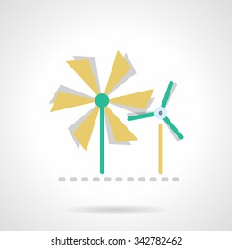 Wind power mills, rotating. Saving energy technology, alternative energy. Flat color style vector icon. Single web design element for mobile app or website.