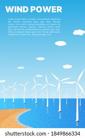 Wind power on water. Renewable alternative wind energy concept. Place for your text. Vector illustration, flat style