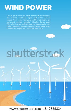 Wind power on water. Renewable alternative wind energy concept. Place for your text. Vector illustration, flat style