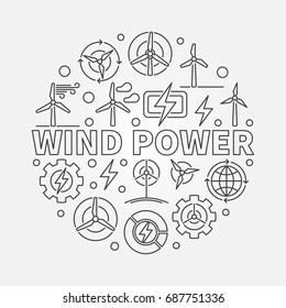 Wind power outline illustration. Vector round green energy concept symbol made with thin line wind turbine icons