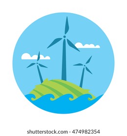 Wind power plan vector illustration. Wind turbines in green field on background of blue sky. Wind power sign. Ecological types of electricity. Renewable resources concept. Wind power icon. Wind farm. 