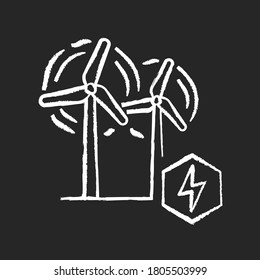 Wind power plant chalk white icon on black background. Alternative energy industry. Using renewable natural resources, electricity generation. Wind turbines isolated vector chalkboard illustration