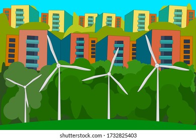 Wind power plant and city. Wind turbines. Green energy concept. Renewable energy for ecology and environment conservation concept. World environment day. Eco friendly city landscape background. Vector