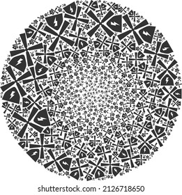 Wind power plant elements are scattered into ball collection. Wind power plant icon spheric mosaic. Abstraction spheric cluster mosaic is organized with wind power plant icons.