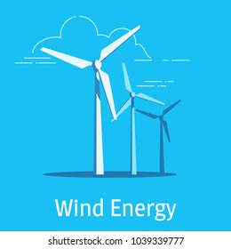 Wind power plant and factory on a blue background. Vector illustration. Wind energy sources concept.