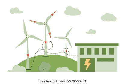 Wind power plant and factory. Wind turbines. Green energy industrial concept. Vector illustration in flat style of clean electric energy from renewable wind sources.