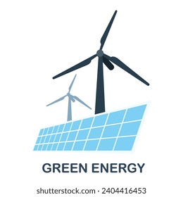 Wind power plant and factory. Wind turbines. Green energy industrial concept. Vector illustration in flat style. Windmill line art