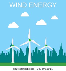 Wind power plant and factory. Wind turbines. Green energy industrial concept. Vector illustration in flat style. Renewable energy sources.
