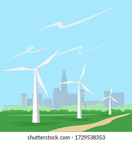 Wind power plant in a field near the city