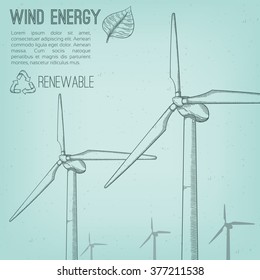 Wind power plant. Hand drawn vector illustration.