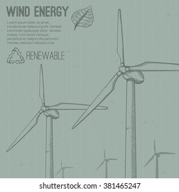 Wind power plant. Hand drawn vector illustration.