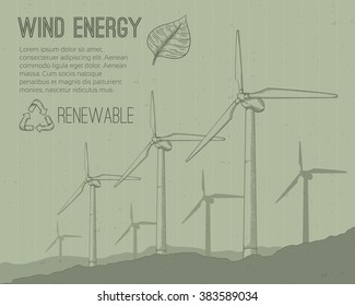 Wind power plant. Hand drawn vector illustration.
