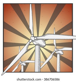 Wind power plant. Hand drawn vector illustration.