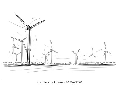 Wind power plant hand drawn illustration.