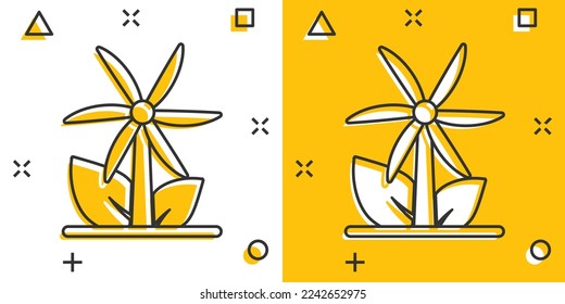 Wind power plant icon in comic style. Turbine cartoon vector illustration on white isolated background. Air energy splash effect sign business concept.