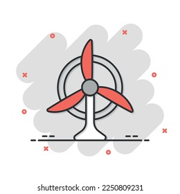 Wind power plant icon in comic style. Turbine cartoon vector illustration on white isolated background. Air energy splash effect sign business concept.