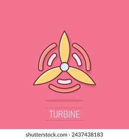 Wind power plant icon in comic style. Turbine cartoon vector illustration on isolated background. Air energy splash effect sign business concept.