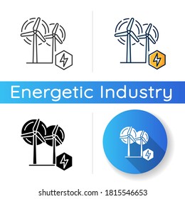 Wind power plant icon. Linear black and RGB color styles. Alternative energy industry. Using renewable natural resources, electricity generation. Wind turbines isolated vector illustrations